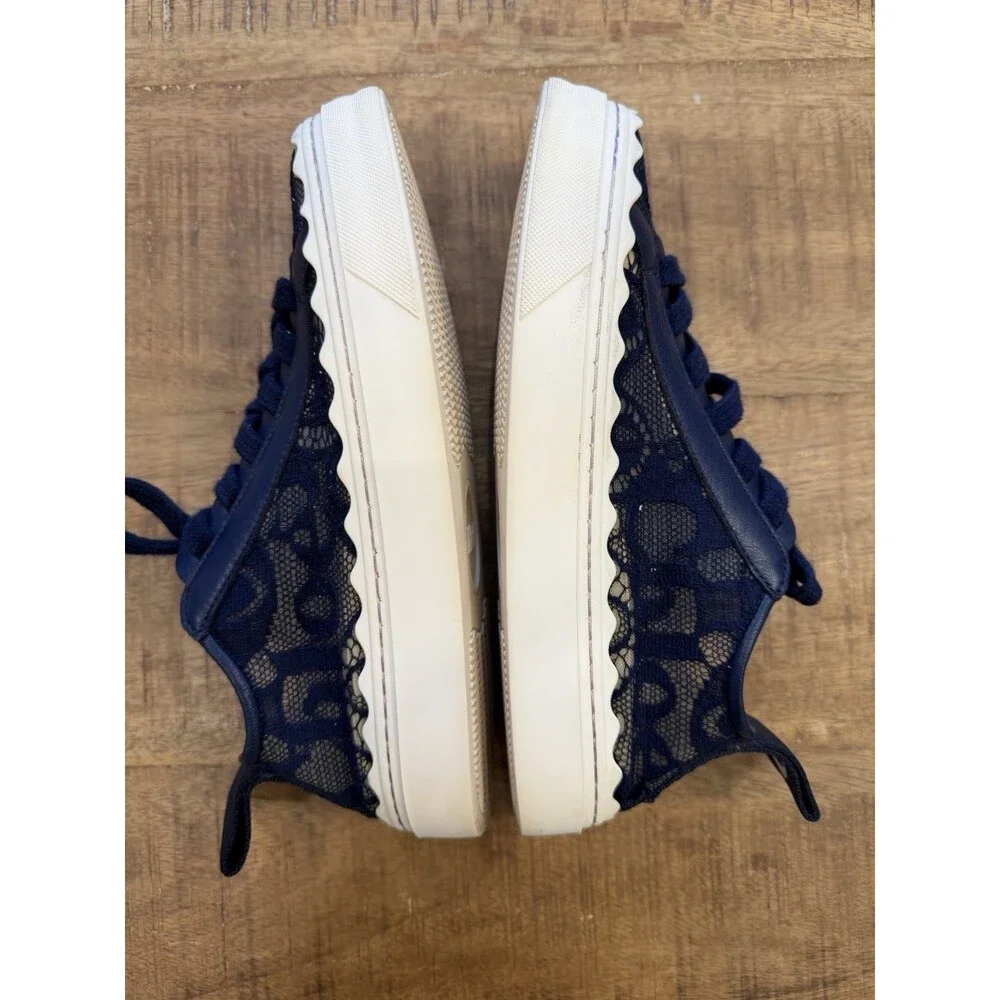 CHLOE Size 35 Lauren Lace Navy Blue White Sneakers Tennis Shoes Leather Scallop